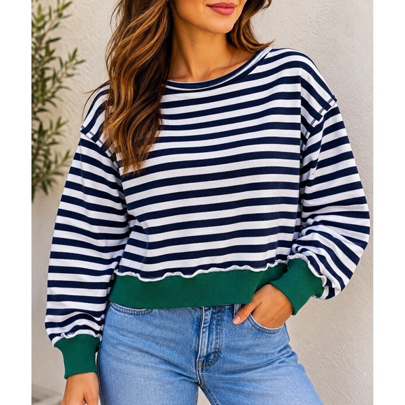 Sweaters - American Eagle Striped Cropped Pullover Sweatshirt Womens 2XS Blue Green